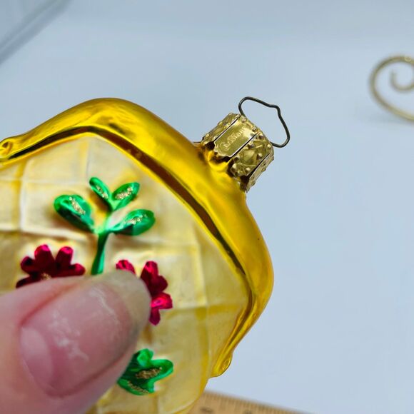 Vintage Gold Mercury Glass Christmas Ornament Clutch Purse Wallet w/ Red Flowers - Picture 3 of 7
